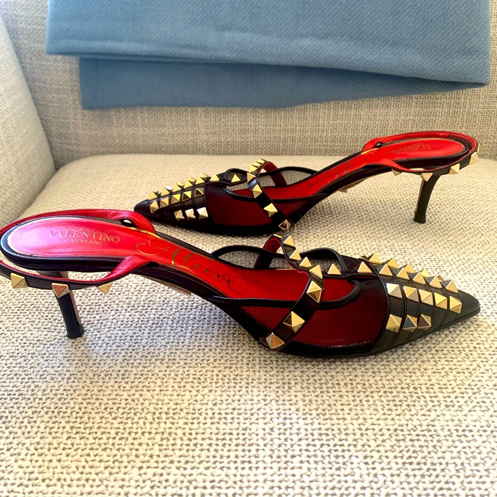 Valentino Rockstud Leather and Mesh Black Slingback Pump Size 37